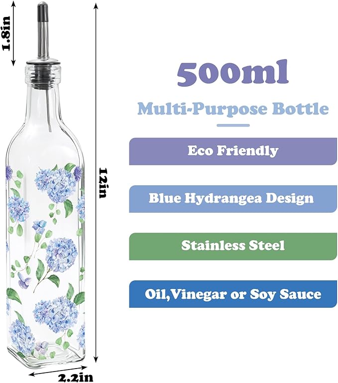 JarThenaAMCS Blue Hydrangea Olive Oil Dispenser Bottle Glass Cruet Bottle - Image 2