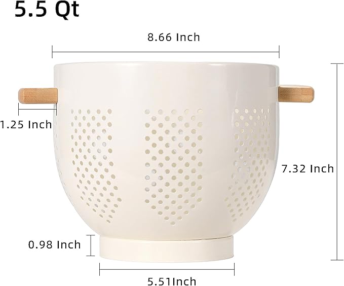 Metal Colander with Wood Handle and Stable Base, 5.5 Quart Powder Coated Steel