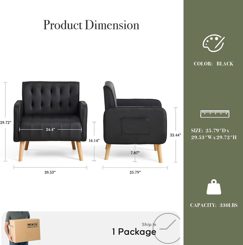 Leather Accent Chair Set of 2, Living Room Chair with Wooden Legs (Black)