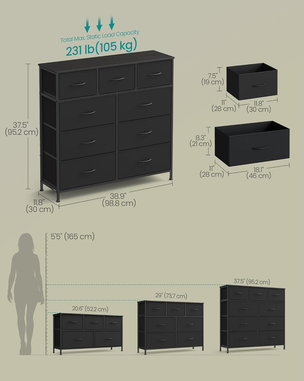 SONGMICS Dresser for Bedroom, Wide Dresser with 9 Fabric Drawers