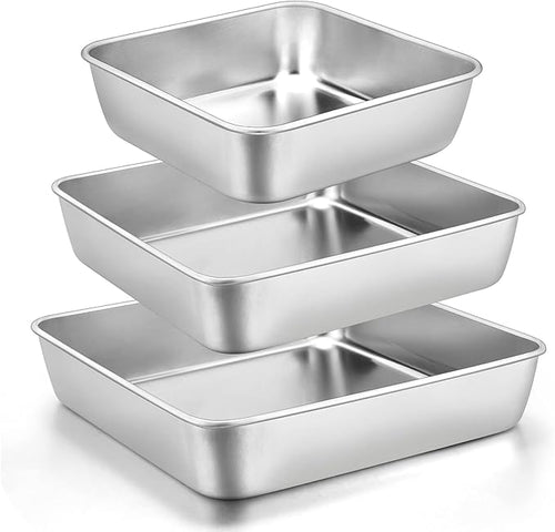 6/8/9-Inch Square Cake Pan Set, E-far Stainless Steel Square Baking Brownie by E-far