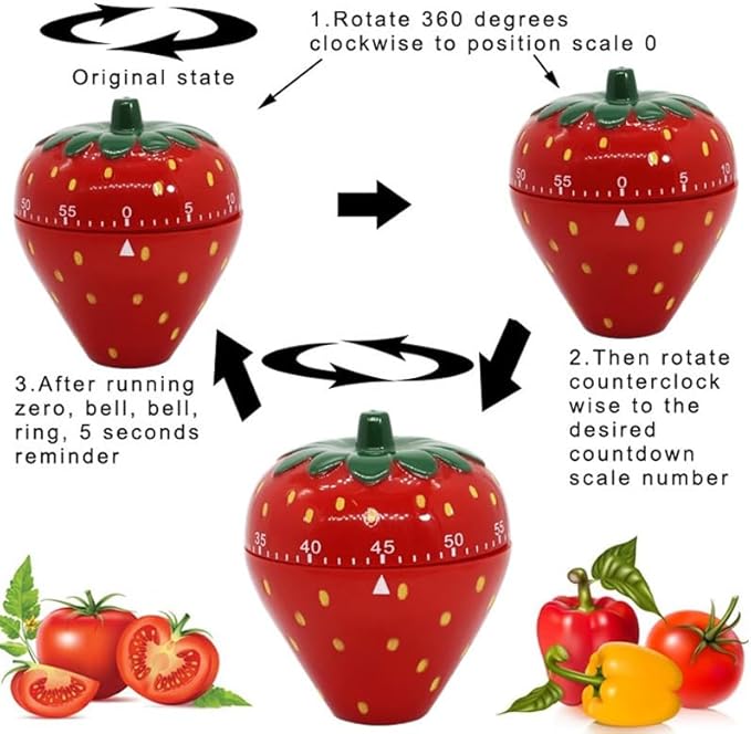 Jadeshay Kitchen Timer Strawberry Shaped, 60 Minutes Kitchen Timer Mechanical - Image 3