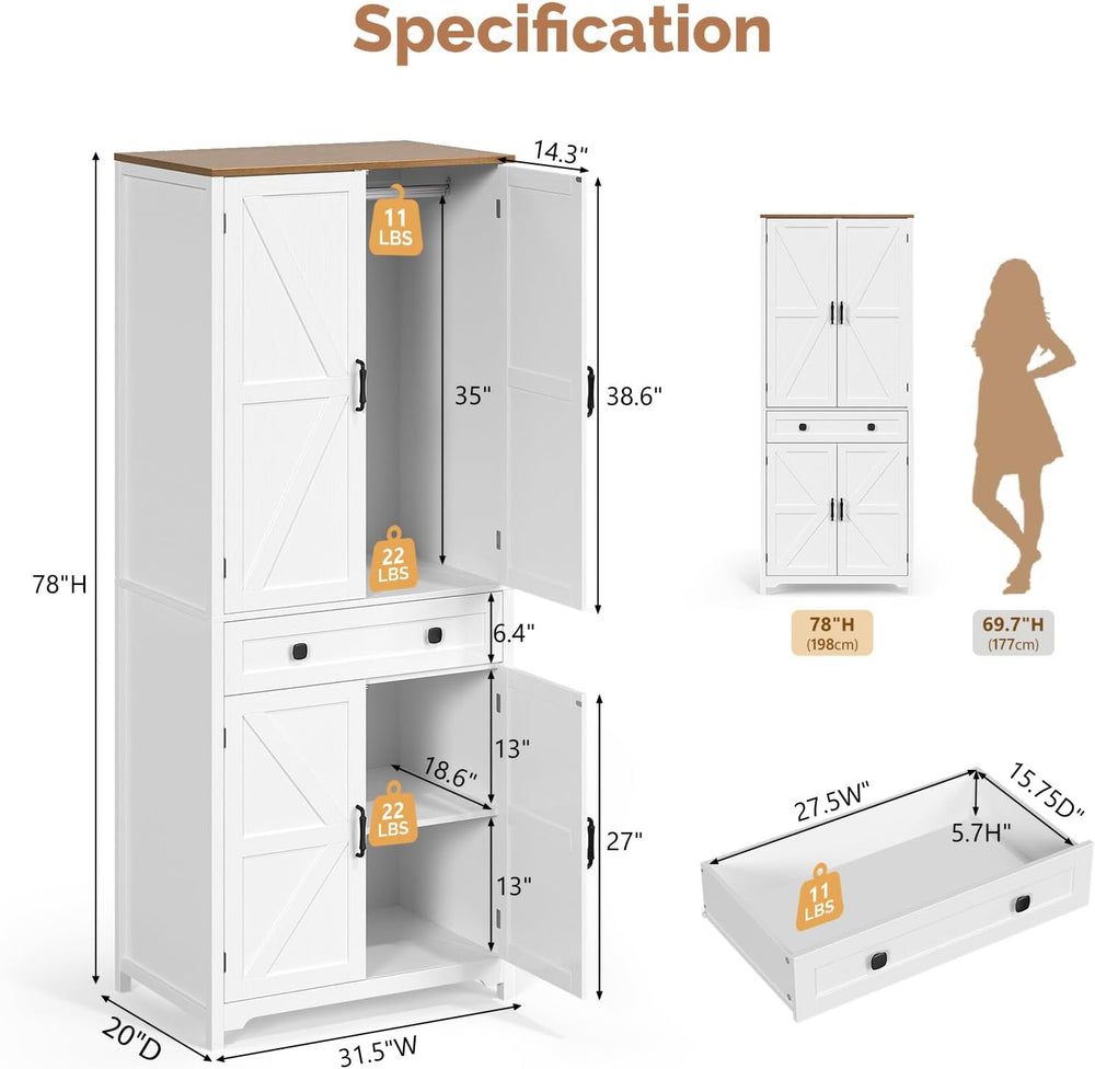 VINGLI Farmhouse Armoire Wardrobe Closet with 4 Doors and 1 Drawer, White