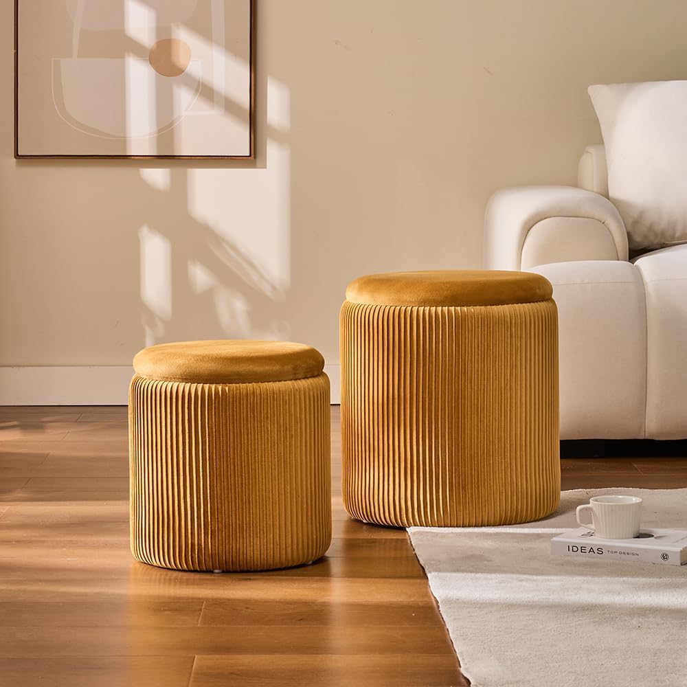 BLEXA Set of 2 Round Storage Ottoman, Yellow Velvet Ottoman with Storage