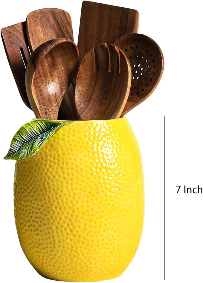 Lemon Shaped Ceramic Kitchen Utensil Holder, Large Cooking Utensil Crocks - Image 2