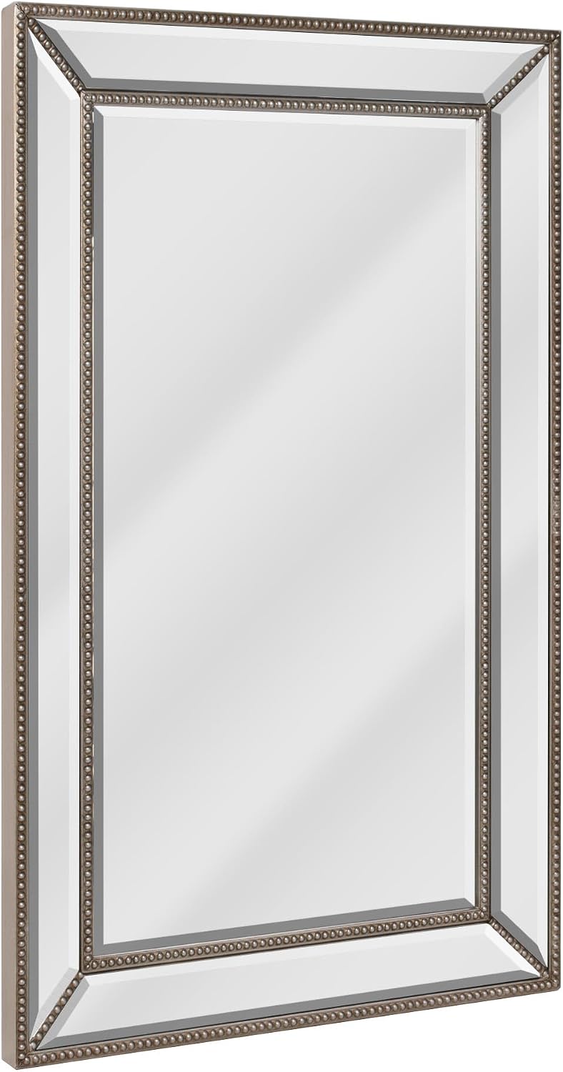 Head West 18x30 Beaded Champagne Silver Mirror with Beveled Edge and Glass Fr...
