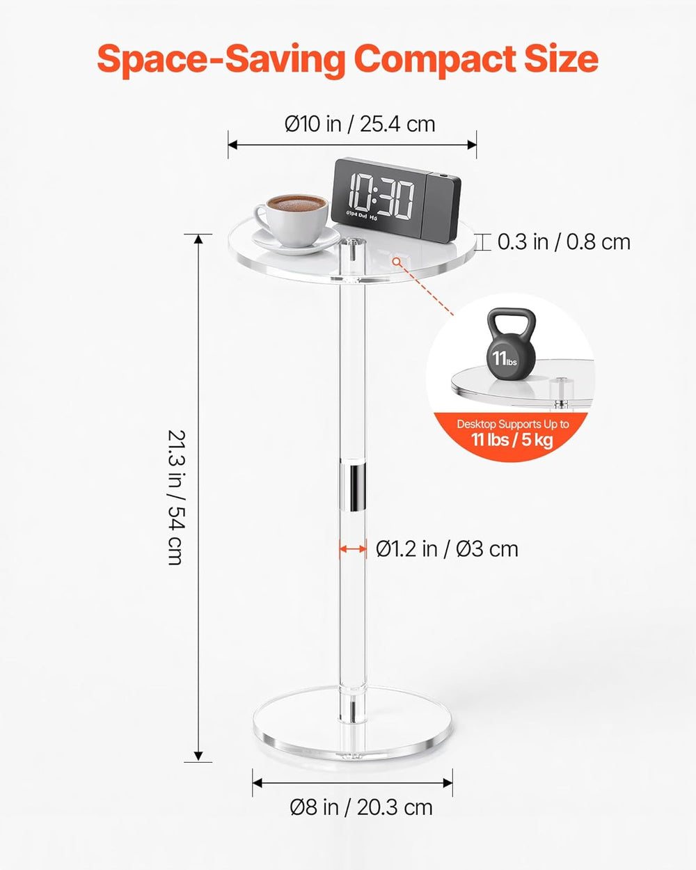 VEVOR Acrylic Drink Table, Small Round Side Table with Solid Post, Modern Cle...