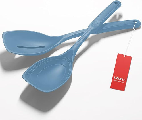 2 Pack Large Silicone Cooking Spoon, Non-Stick Slotted and Solid Spoon set by VOVOLY