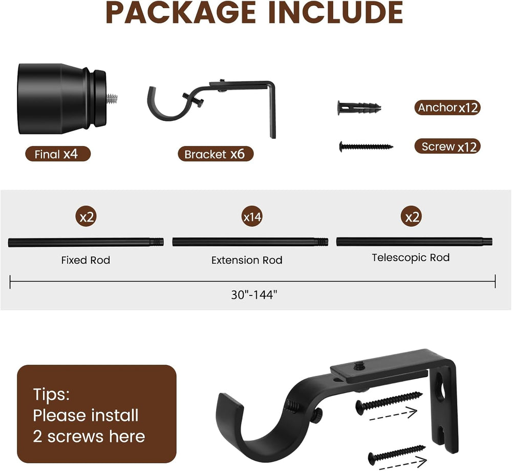 Curtain Rods 30 to 144 Inch 2 Pack Heavy Duty Adjustable Matte Black Rod