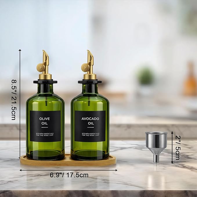Olive Oil Dispenser Set, 2 x 11.8oz Deep Green Glass Bottles - Image 7