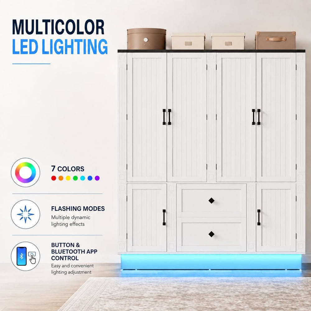 63"W White 6-Door Armoire Wardrobe Closet, 2 Drawers, LED Lights