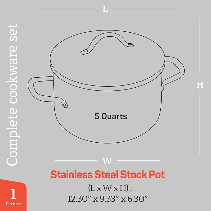 Stainless Steel Stockpot with Tempered Glass Lid 5 Quart, Durable 18/0 - Image 2