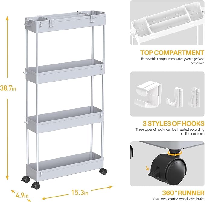 SPACELEAD 2-piece Set Slim Storage Cart 3 Tier, Bathroom Organizer Rolling