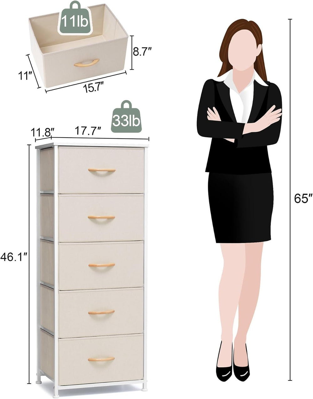 Tall Dresser Vertical Fabric Storage Tower Organizer, 5 Drawers (Beige)