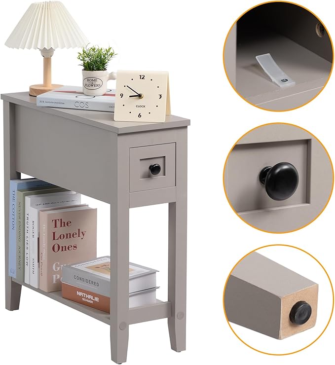 Gery 2 Pack Chairside Narrow End Table with Drawer, Solid Recliner Side Table...