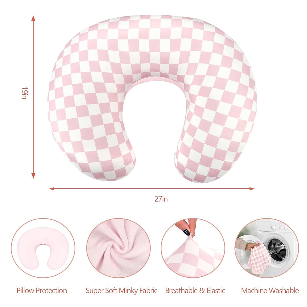 Nursing Pillow Cover 1 Pack, DAYEEBALL Double-Sided Removable Nursing Cover for Baby Girls Boys Newborn, Stretchy and Soft Reversible Slipcover for Breastfeeding Pillow, Pink Checkerboard (Only Cover)