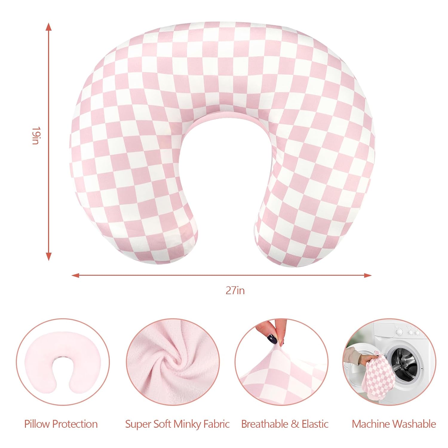 Nursing Pillow Cover 1 Pack, DAYEEBALL Double-Sided Removable Nursing Cover for Baby Girls Boys Newborn, Stretchy and Soft Reversible Slipcover for Breastfeeding Pillow, Pink Checkerboard (Only Cover)