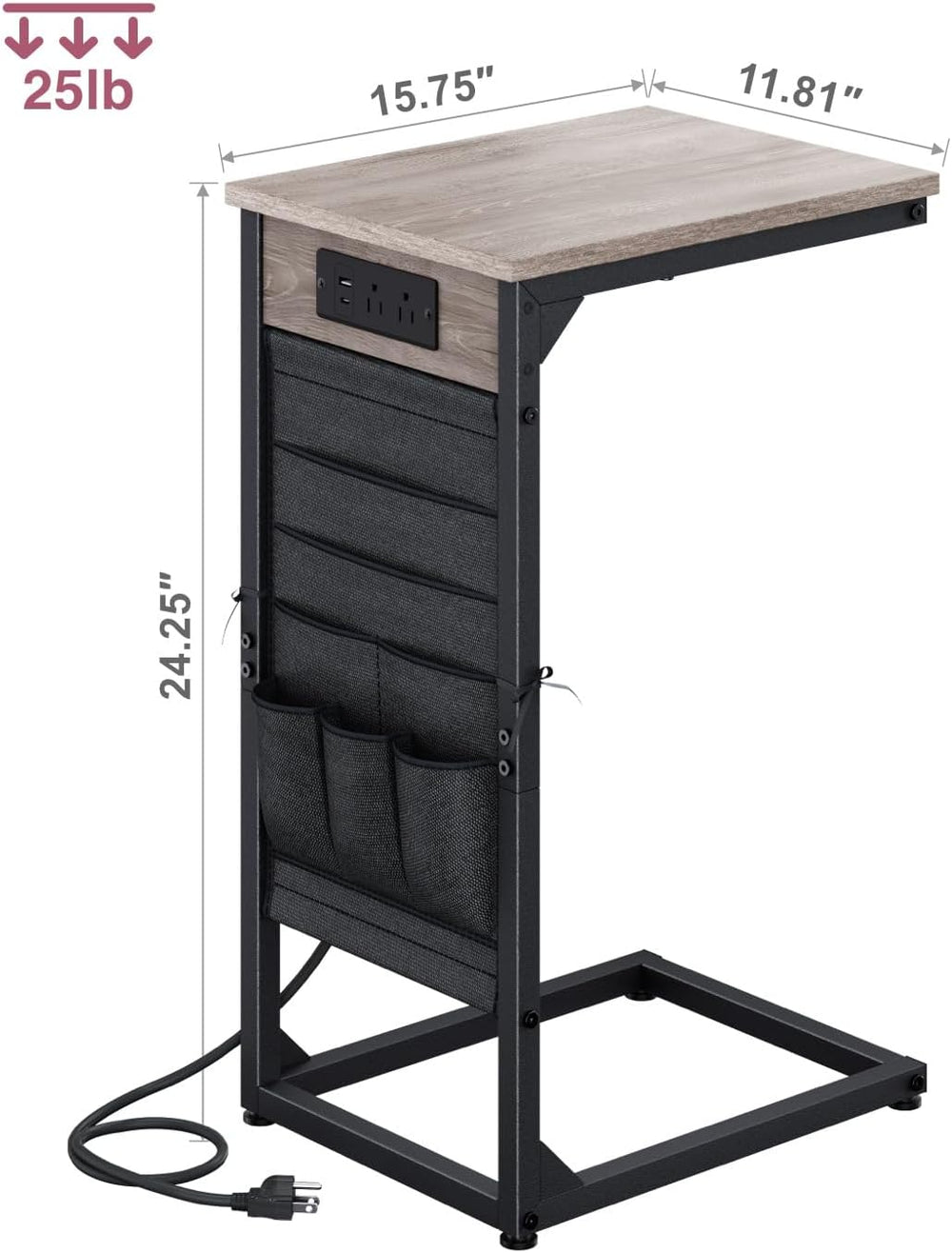 C-Shaped End Table with Fast-Charging Station, Small Couch Side Table with St...