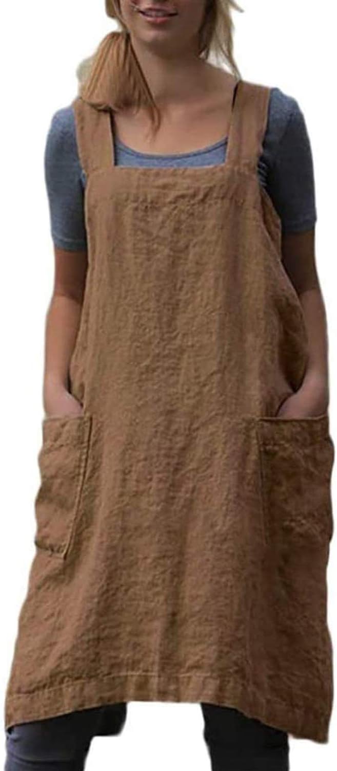 VLZUFE Cotton Linen Apron for women Cross Back Apron Pinafore Dress for Baking by Unknown