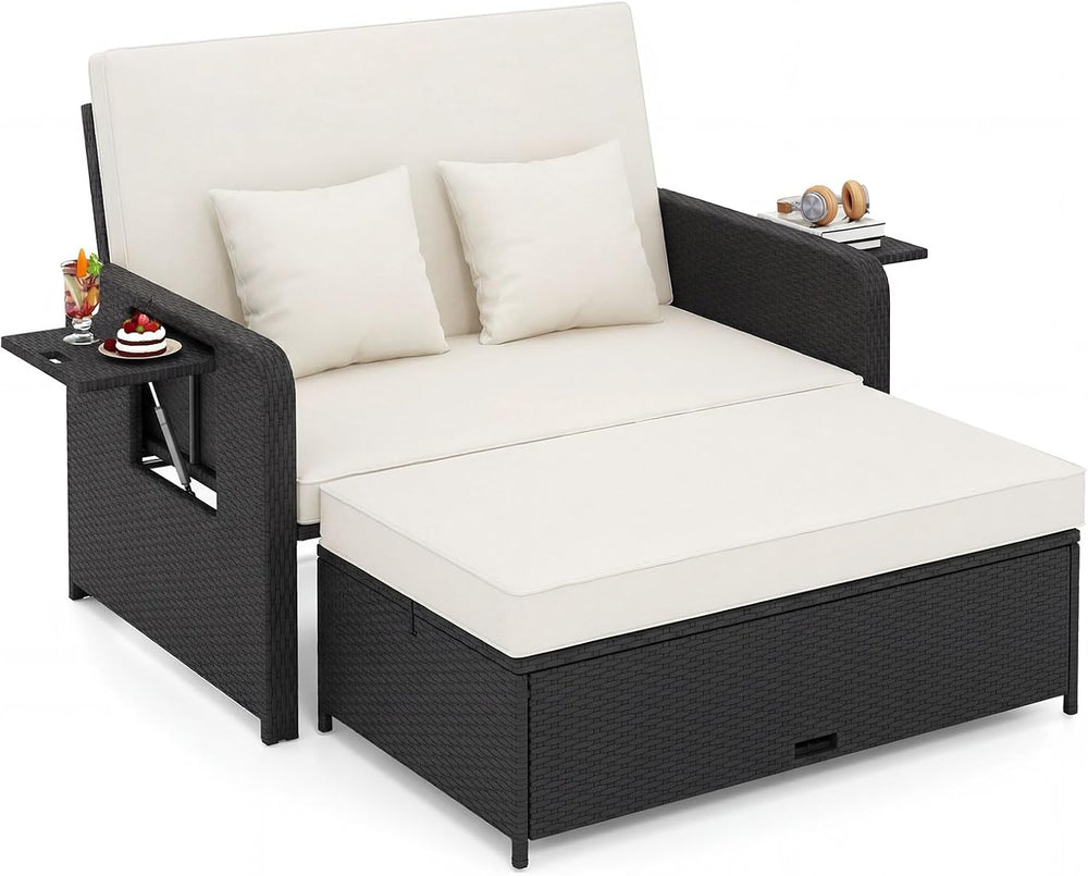 COSTWAY Patio Rattan Daybed with Cushions, Outdoor Wicker Loveseat Sofa
