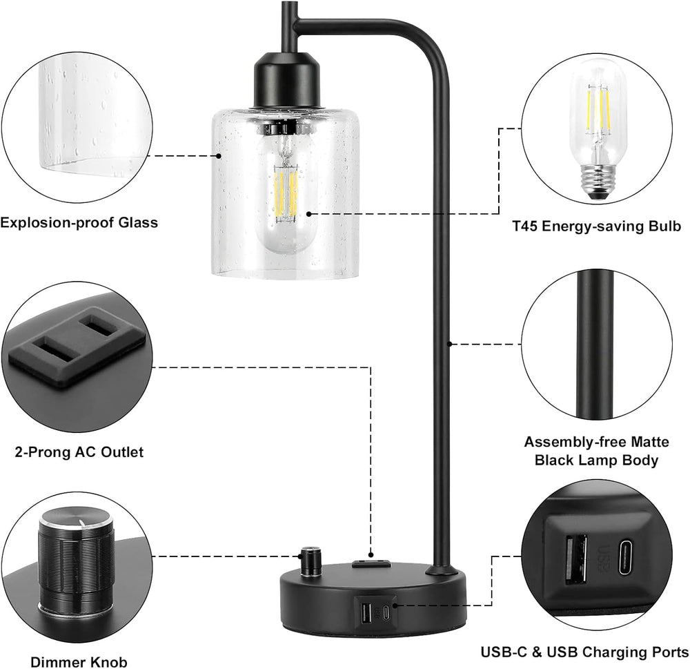 Industrial Bedside Lamps Set of 2, Fully Dimmable Desk Lamps for Bedroom
