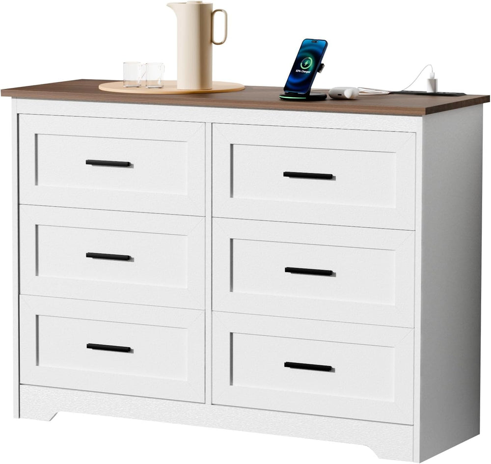 GEPELCN Farmhouse Dresser for Bedroom 6 Drawers Dresser with Power Outlets Ru...