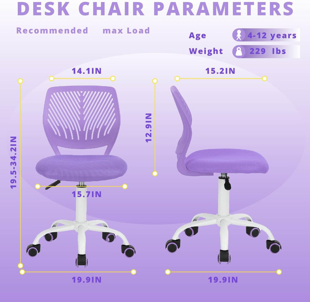 FurnitureR Teens Girls Task Chair 360 Swivel, Low Mid PP Mesh Back Fabric Sea...