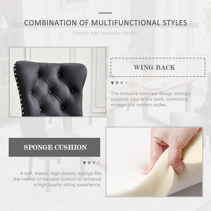 Leather Dining Chair Set of 2, Dining Room Chairs with Nailhead Ring Pull Tri...