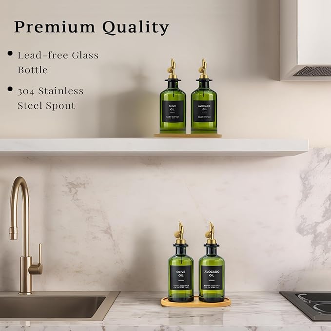 Olive Oil Dispenser Set, 2 x 11.8oz Deep Green Glass Bottles - Image 5