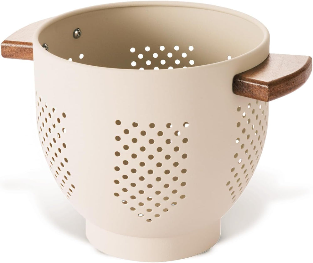 BeFare Metal Colander with Wood Handle and Stable Base, Powder Coated Steel