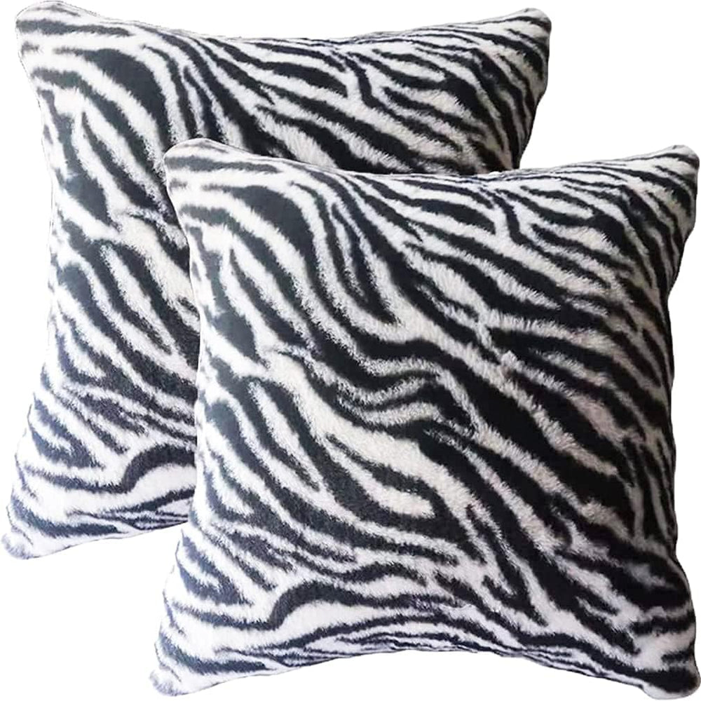 Black White Square Pillow Cover Soft Fluffy Fuzzy Faux Fur Zebra Stripe Throw...