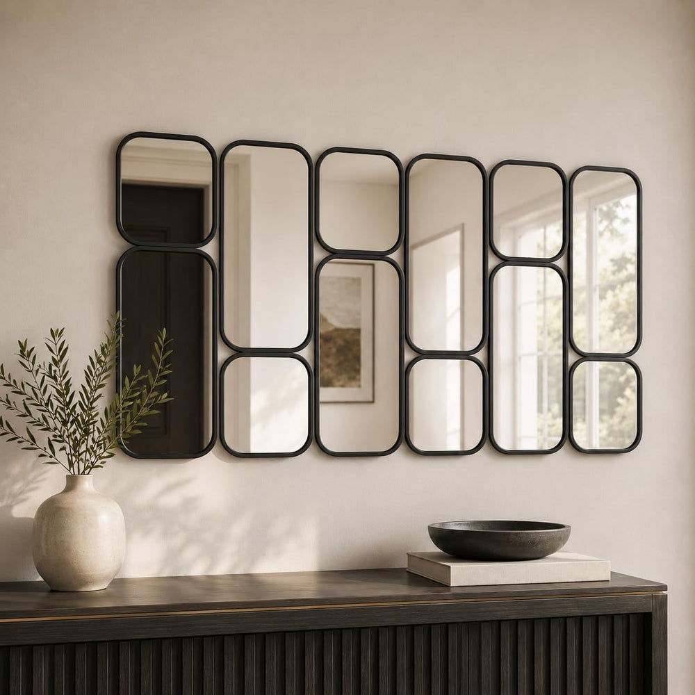 Large Decorative Wall Mirror, 47.2 x 23.6 Inch Black Metal 12-Piece Rounded R...