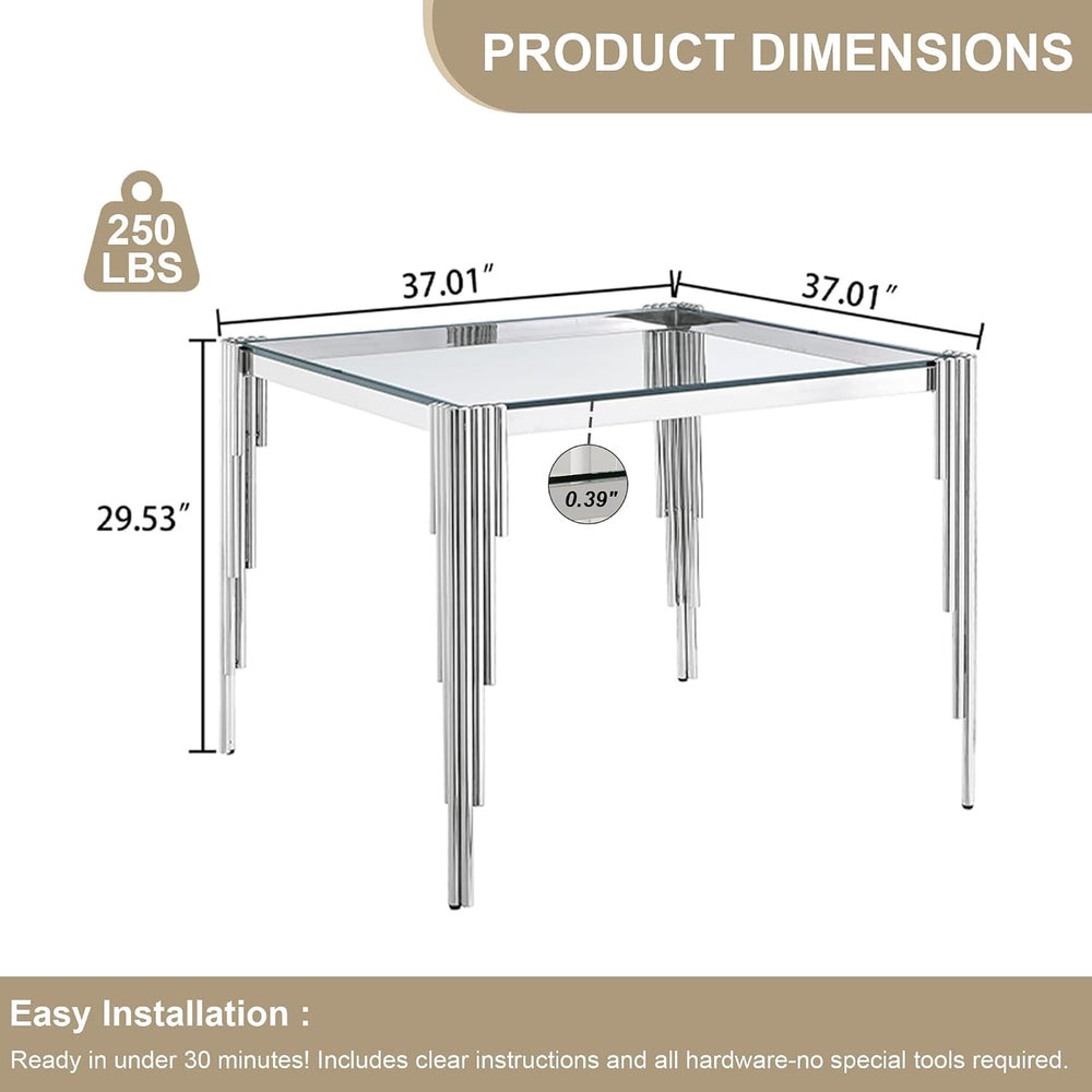 Modern Square Glass Dining Table for 4 People, Compact 37" Clear Tempere...
