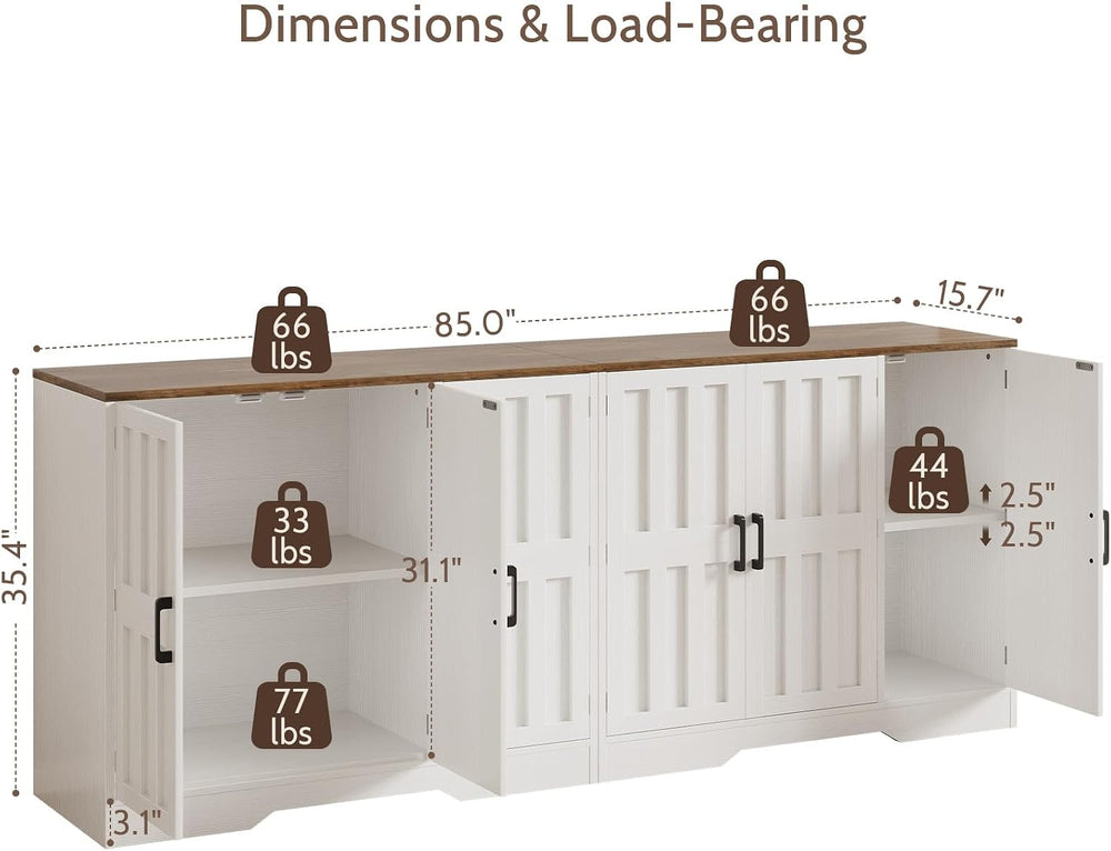 Modern Farmhouse Buffet Cabinet with Storage, 85" Large Sideboard Storag...