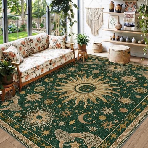 Vacuum-Friendly, 5x7 Washable Area Rug, Green Gold Yellow