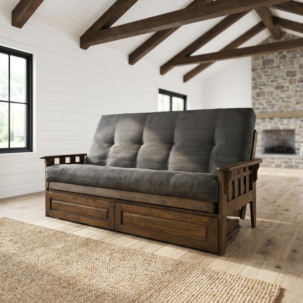 Kodiak Furniture Tucson Full Futon Set in Rustic Walnut Finish with Storage D...