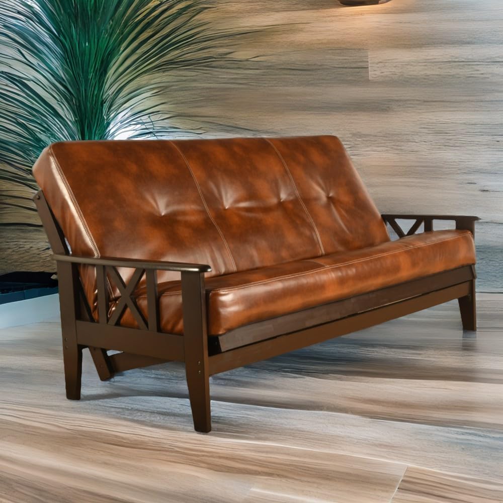 Full Size Camel Futon Cover Only Bonded Leather Premium Collection Fits 6-8 inch Futons Mattress (Havana)