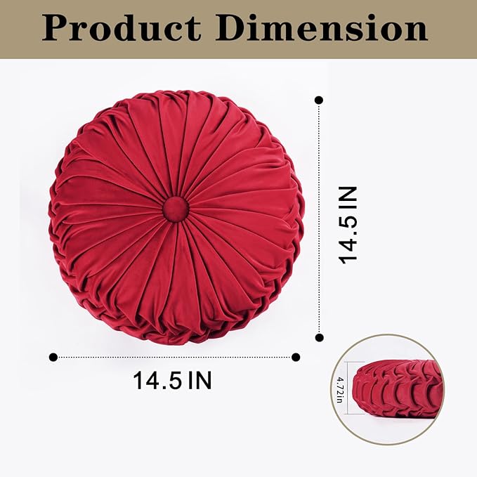 HIG Set of 2 Red Ruched Velvet Round Throw Pillows – 14.5’’ Decorative Pillows - Image 6