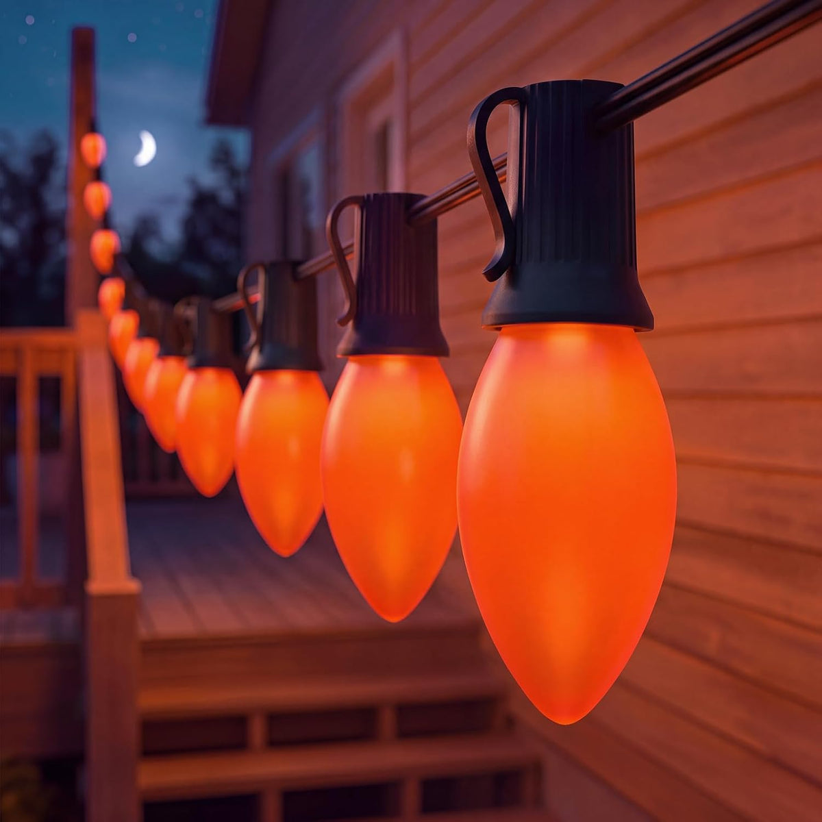 SUNSGNE C9 LED Halloween Orange String Lights 25FT Outdoor String Lights with 27 0.6W LED Plastic Bulbs(2 Spare) for Patio Garden Roofline Backyard Decorations, Black Wire