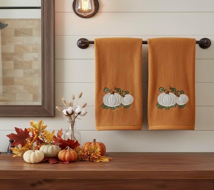 Fall Rust Bathroom Guest Hand Towels, Embroidered Pumpkin Leaf, 16x25 " | Set of 2, 100% Cotton Velour, Autumn Farmhouse Decor for Bath or Kitchen, Perfect for Parties & Gifts