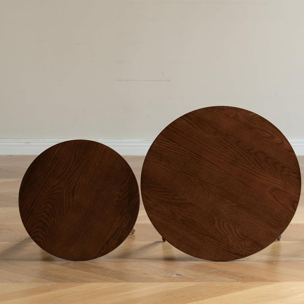 100% Solid Oak Wood Coffee Table Set, Round Coffee Table Combo Side Table w/S...