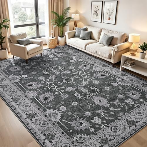 Hanples 9x12 Area Rugs for Living Room, Washable Rug Vintage Floral, Gray