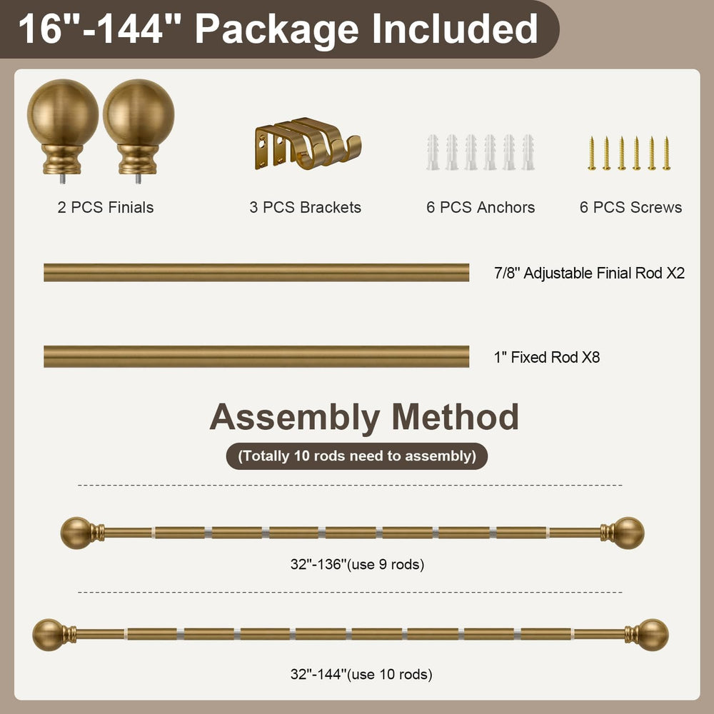 Warm Gold Curtain Rods for Windows 72-144 Inch Brass Heavy Duty