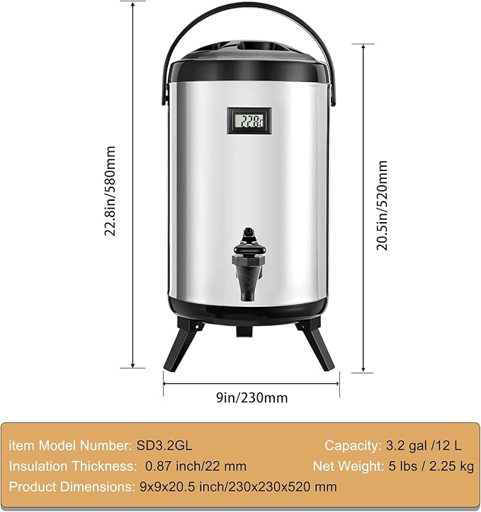 3.2 Gal/12L Non-Electric Insulated Beverage Dispenser, Stainless Steel Thermal - Image 3