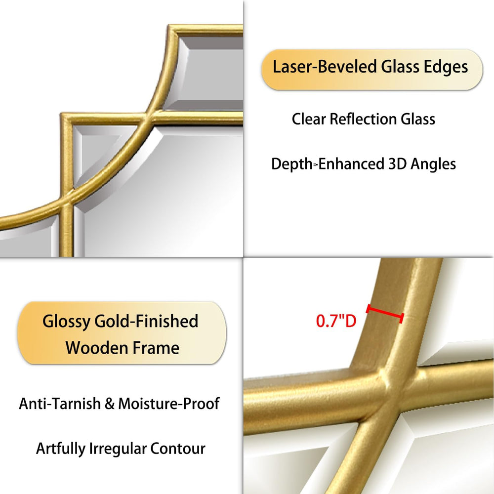 Gold Mirror for Wall, 36x24 Gold Wood Framed, Scalloped Beveled Polished Rect...