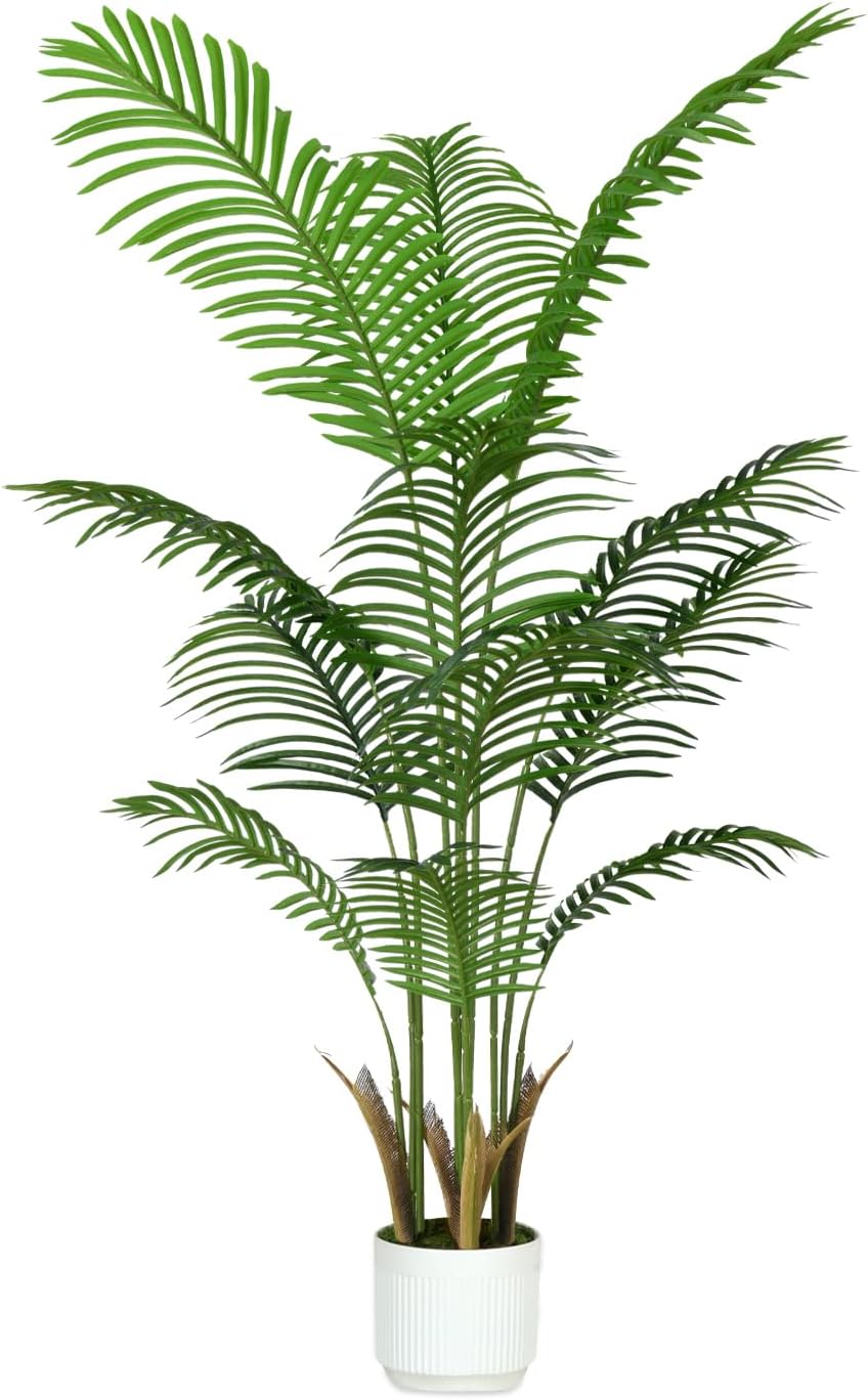 4FT Artificial Palm Tree Indoor with White Pot, Realistic Leaves, 9 Trunks Ad...
