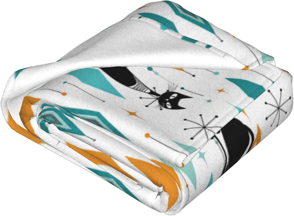 Mid Century Cat Fleece Throw Blanket Soft Flannel Plush Lightweight Warm Cozy...