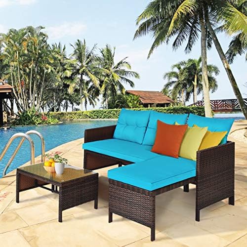 Tangkula Patio Corner Sofa Set 3 Piece, Outdoor Rattan Sofa Set, Includes Lou...