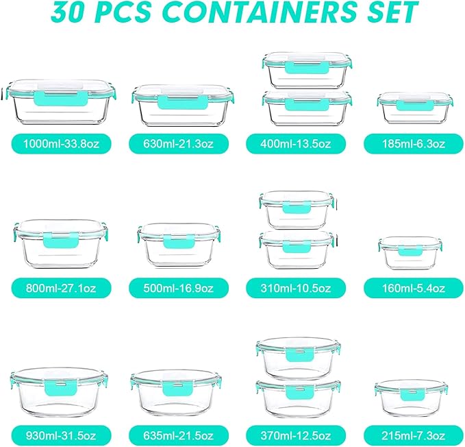 VERONES 30 Pieces Glass Meal Prep Containers Set, Stackable Glass Food Storage
