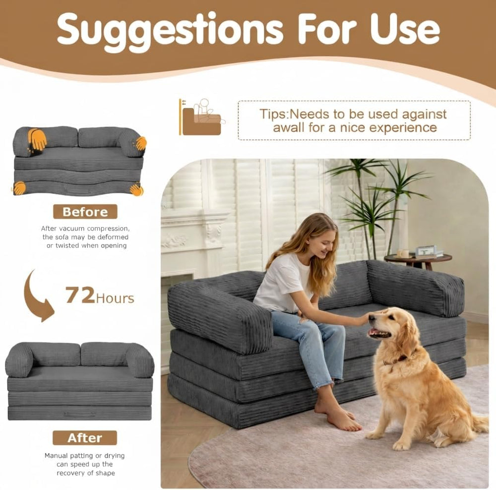 Convertible Sofa Bed Full,5-in-1 Folding Boneless Couch Corduroy Futon Sofa B...